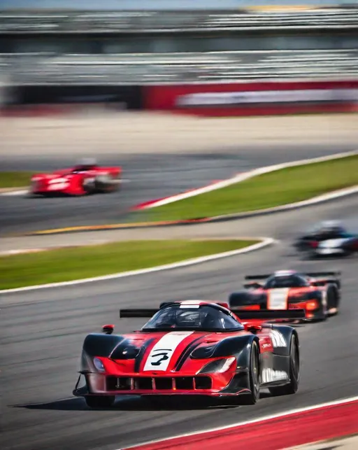 Prompt: Low angled panning shot of sleek race cars speeding around a track. Motion blur creates a sense of high velocity in the exhilarating style of automotive photographer Tim Scott, shot with a Sony A1 and 24-70mm lens.  