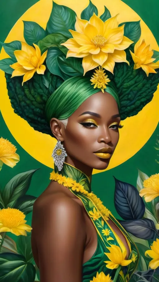 Prompt: In a majestic detailed floral the mystical Empress, a black woman with green and yellow hair, stands tall amidst vibrant flora, embodying divine grace and feminine power.