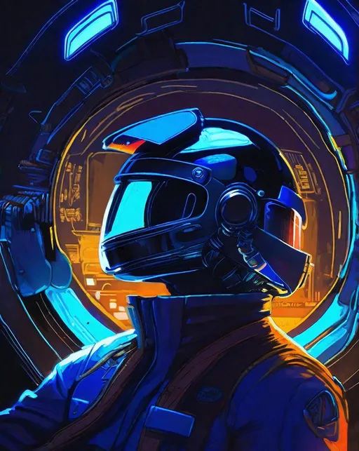 Prompt: In a dimly lit futuristic cockpit, a pilot completes his pre-flight checklist, flicking switches and tapping glowing holograms as outside the engines rumble to life. Neon blue light pulses across his helmet visor and control panel. In the style of Syd Mead