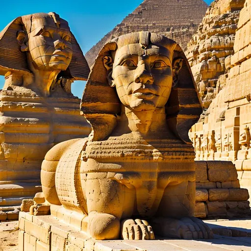 Prompt: A meticulously sculpted Great Sphinx of Giza carved from a single limestone outcrop, featuring a lion's body painted in shades of ochre and a human head adorned with a vibrantly striped nemes headdress in hues of blue and gold. The face resembles Pharaoh Khafre and possesses finely chiseled features. The eyes are accentuated, symmetrical, inlaid with precious stones, and eternally gaze towards the horizon. The Sphinx is set against a desert backdrop and is surrounded by a small temple and a causeway leading to a nearby pyramid complex. Ensure the best resolution and the highest quality of the image.