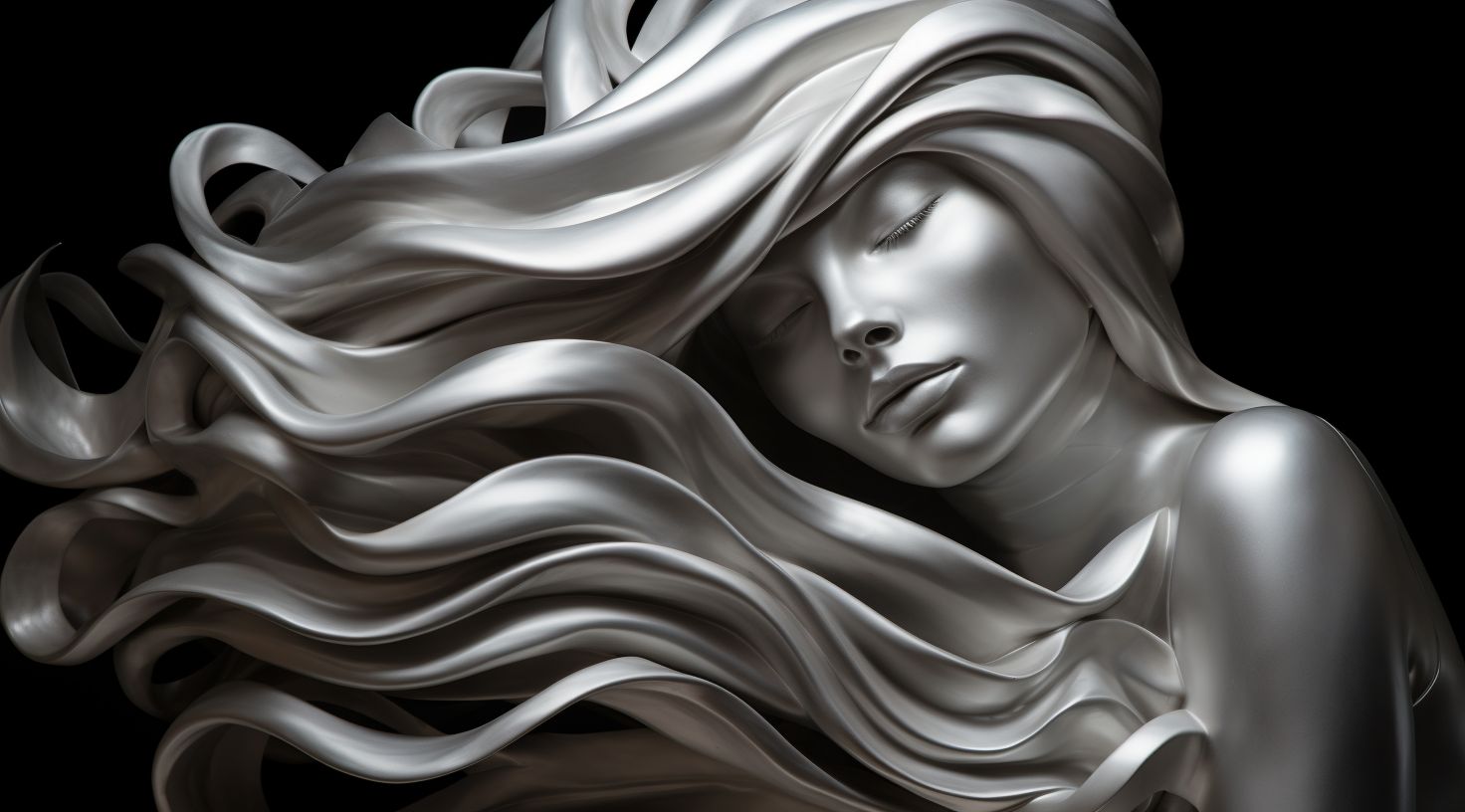 Prompt: a woman in a silver metalic wig sits near a black background, in the style of wavy lines and organic shapes, precise hyperrealism, large scale abstraction, auto body works, uhd image, new british sculpture, close-up shots