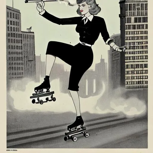 Prompt: A 1950s soviet ad type illustration of a beatifull women skating and  smoking weed in a gray city