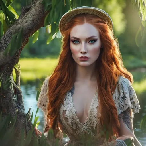 Prompt: highly detailed beautiful 30 year old woman sitting under a willow tree beside a river, eye makeup, long lucious red hair, in a single braid, and green eyes, thick eyebrows, natural makeup, soft lighting, sun hat, heavily tattooed, 24mm, Creative Bokeh, Medium Wide Shot, 3d ray tracing, daytime background, golden hour, direct backlighting, rim lighting, outdoor lighting, subsurface scattering unreal engine 5, octane render, trending on artstation, deviantart, brown tones, 8k, cute freckles, seductive, fashionable,