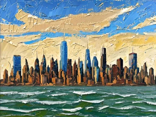 Prompt: Thick oil impasto York Skyline from 42nd Street Pier, thick oil impasto