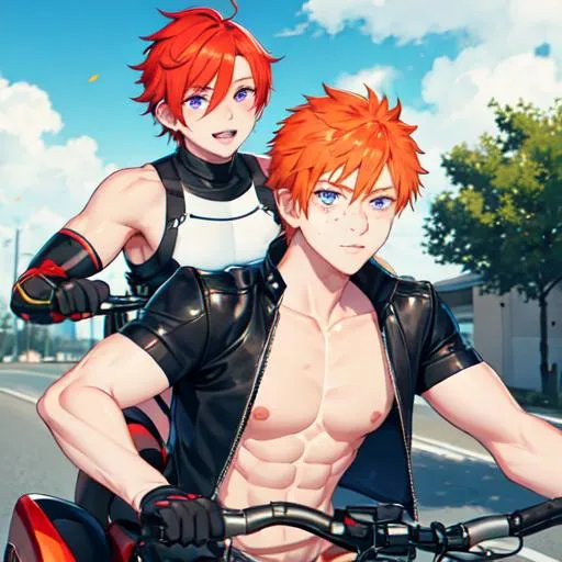 Prompt: Erikku 1male (short ginger hair, freckles, right eye blue left eye purple) muscular, riding a motorcycle