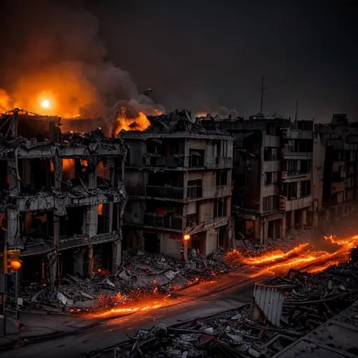 Prompt: UHD City in war-torn destruction and overgrowth dramatic lighting cinematic shots of skulls in smoke and fire in the streets. illusions of the human skull in the smoke and fire. large red moon
 



