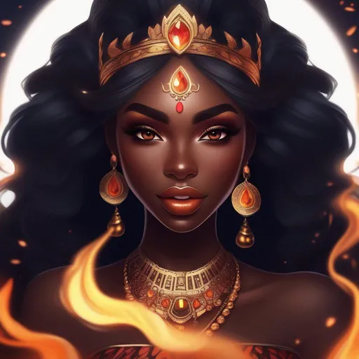 Prompt: and beautiful pretty art 4k full HD fire princess as dark skin brown skin big lips full lips mad face smug smile 