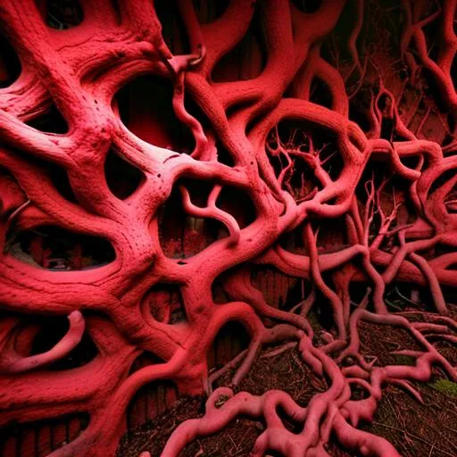 Prompt: the flesh that hates, high contrast colors, crimson colors, fleshy and bloody, veins, vessels, muscle, flesh vines, meat, bone