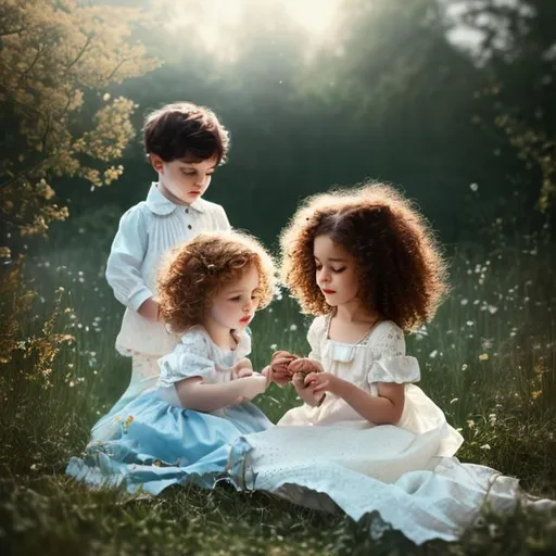 Prompt: Black hair  men with blue eyes, pale skin,playing with a little girl, red curly hair,clothes from 18th century,analog filter, perfect composition, hyperrealistic, super detailed, 8k, high quality, trending art, trending on artstation, sharp focus, intricate details, highly detailed,cottagecore aesthetic