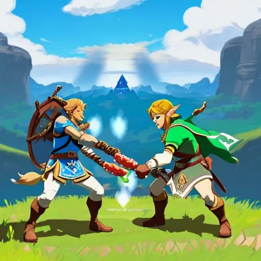 Prompt: Zelda breath of the wild with link fighting a Lynel with a hotdog