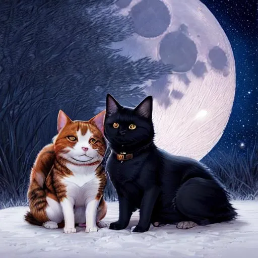 Prompt: A dog and cat snuggle together under the full moon in a starry night sky, hyperdetailed features, photorealistic, high quality, trending on artstation