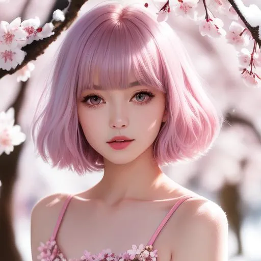 Prompt: 18 years old cute and beautiful girl, hi res, photography, realistic, high details, facial details, messy stray hair bob fringe pink and silver, slim body, f-cup size, kneeling down in snowry winter cherry blossoms, hyperdetail, 4k, 8k, sunny day, pastel soild and sharp colour, backlit