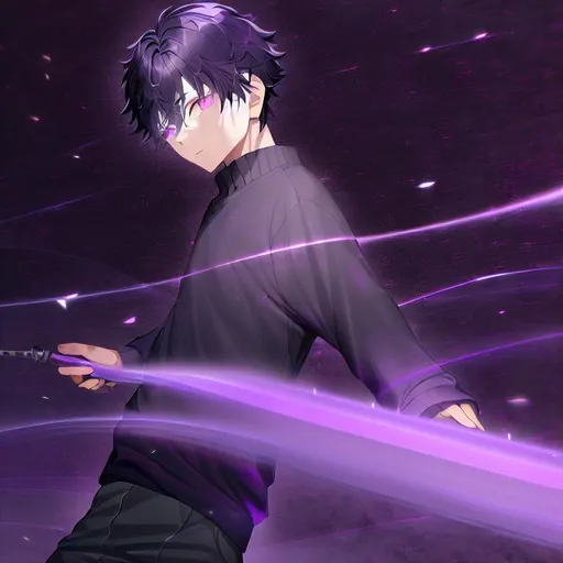 Prompt: boy Kid, black haired, around 10 years old, depth field, dark purple aura, glowing purple eyes, 