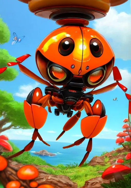 Prompt: UHD, , 8k,  oil painting, Anime,  Very detailed, zoomed out view of character, HD, High Quality, Anime, Pokemon, Paras is a small cute orange insectoid crab-like cicada Pokémon with large animated eyes and cartoonish mushrooms growing on its head  Its ovoid body is segmented, and it has three pairs of legs. The foremost pair of legs is the largest and has sharp claws at the tips. There are five specks on its forehead and three teeth on either side of its mouth. It has circular eyes with large pseudo pupils.

Red-and-yellow mushrooms known as tochukaso grow on this Pokémon's back. The mushrooms can be removed at any time and grow from spores that are doused on this Pokémon's back at birth by the mushroom on its mother's back. Tochukaso are parasitic in nature, drawing their nutrients from the host Paras's body in order to grow and exerting some command over the Pokémon's actions. For example, Paras drains nutrients from tree roots due to commands from the mushrooms. Paras can often be found in caves. However, it can also thrive in damp forests.

Pokémon by Frank Frazetta