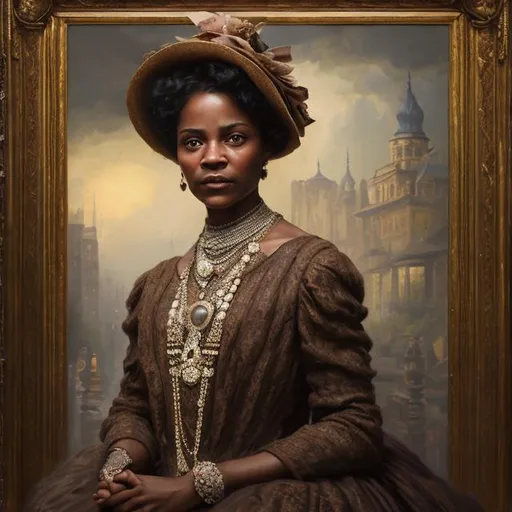 Prompt: 

Portrait of {Edwardian black woman } with brown hair and with cute face, wearing beautiful dress and a hat, {background} palace ballroom, oil painting,
perfect composition, hyperrealistic, super detailed, 8k, high quality, sharp focus, studio photo, intricate details, highly detailed, by greg rutkowski