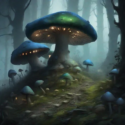 Prompt: Mushroom cavern, grey mist, darkness, blue light, Blackstone, cavern huge mushrooms, fungus village, dark-green mossy ground