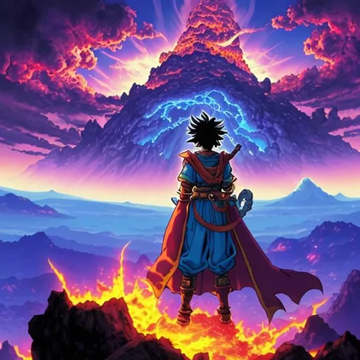 Prompt: Dragon Quest hero with Dragon Quest 8 protagonist's face standing regally on a cliff edge looking out at the sea with a sword on his hip. Akira Toriyama style design. Demon king descending from a dark purple rift in the sky with monsters pouring out underneath him. Mountains in the background erupting and spewing smoke and lava. Female protagonist stands in the background looking up at male protagonist.