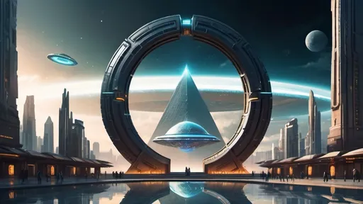 Prompt: circular stargate, gateway between worlds, interdimensional portal, ring, disc, ring standing on edge, city plaza, futuristic cyberpunk, panoramic view, floating pyramid spaceships in background