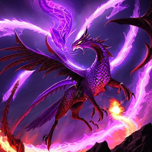 Prompt: hydra circling a spire, purple fire in talons, purple magic in scales, breathing blue fire, fighting a sorcerer with zombies