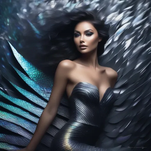 Prompt: A mysterious and alluring woman emerges, her skin a stunning shade of iridescent gray, glistening as if covered in shimmering scales. Delicate fins adorn her arms, gently swaying with an otherworldly grace. Her sharp fangs peek out from behind a mischievous smile, accentuating her captivating presence. As she stands confidently in a black bikini, her claws extend, promising both danger and beauty.
