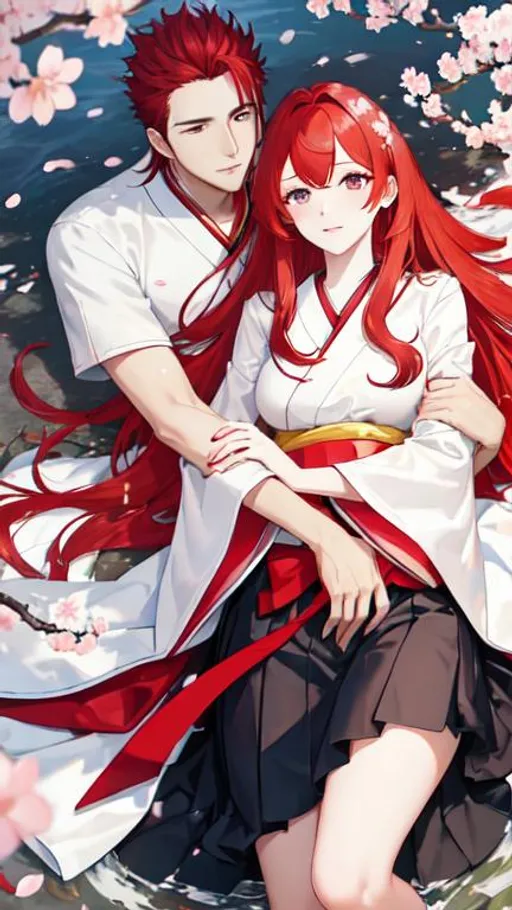 Prompt: Zerif 1male (Red side-swept hair covering his right eye) holding Haley his wife in his arms, 8K, UHD, best quality, under the cherryblossom trees, wearing a Japanese school uniform, red hair