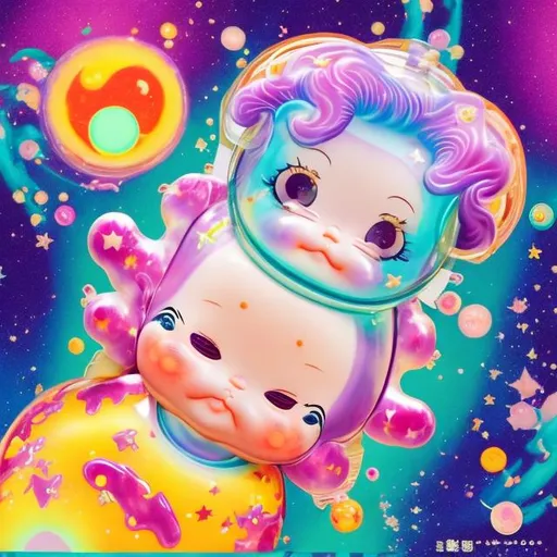 Prompt: Kewpie in outer space in the style of Lisa frank