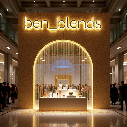 Prompt: A large sign above an archway, letters saying ("ben_blends"),a large cabinet  display behind glass of various consumer luxury products in front of archway, glitter falling like rain, with various sizes of glitter particles cascading down. The glitter pieces should sparkle in different shades of gold, silver, and iridescent hues, varying in size from tiny specks to larger, shining flakes. The glitter should fall from the top to the bottom of the image, with a sense of depth and motion, a busy convention center lobby backdrop, groups of people watching