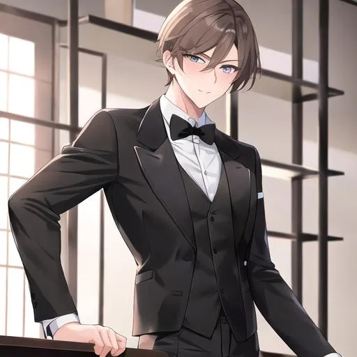 Prompt: Alex 1male. Short light brown hair. Soft and mesmerizing light grey eyes. Wearing a sleek black button-up shirt, paired with tailored black pants and shiny leather shoes. He completes the look with a stylish black vest and a classic black bow tie. UHD, 8K, standing behind a bar counter, blushing