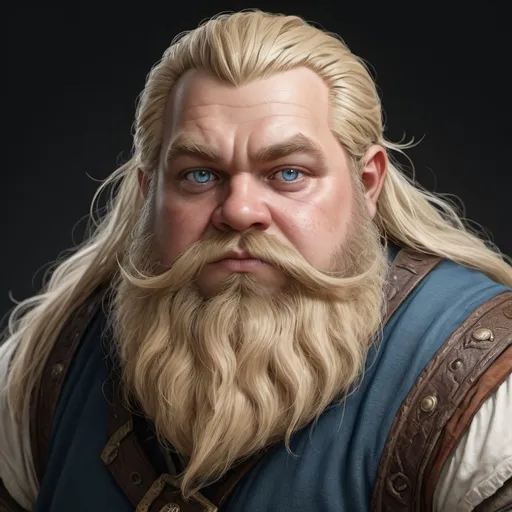 Prompt: hyper-realistic 35 year old dwarf male, he is very obese, he has long sandy blonde hair, he has long facial hair, he has blue eye,  fantasy character art, illustration, dnd,