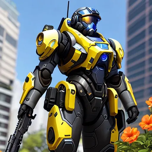 Prompt: Security Team, kevlar, guns, berets, wearing mech suit, incorporate theme of flowers into suit, Overwatch combined with Starcraft 2, Blizzard, 