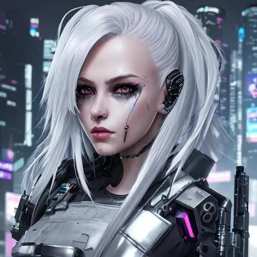 Prompt: girl, cyberpunk, 4k, silver hair, fighter 