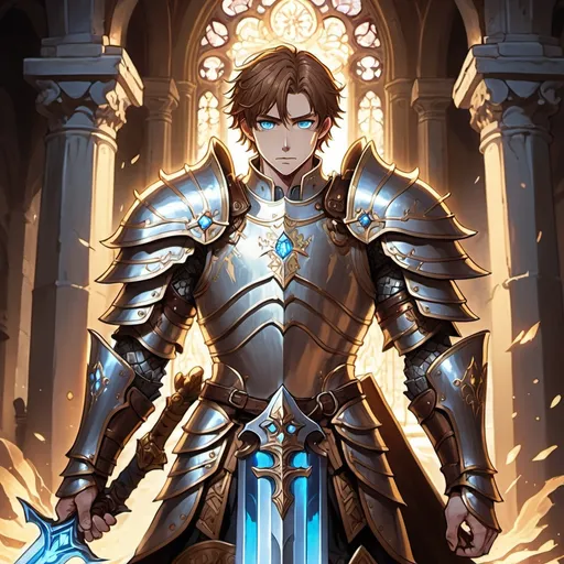 Prompt: A paladin in damaged plate armor. He is badly wounded, but he is wreathed in ethereal power. Hundreds of benevolent spirits float behind the paladin, lending him power. His sword glows with light. Heroic. Desperate. Brown hair. Blue eyes. Wounded. Pale skin. Resolute. 2d, anime style, anime scene