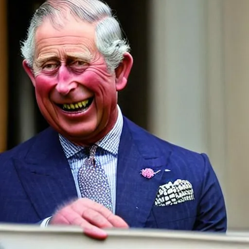 Prompt: Prince Charles with a big frowning face laughing at cat memes while bathing in a cup of nasty tea 