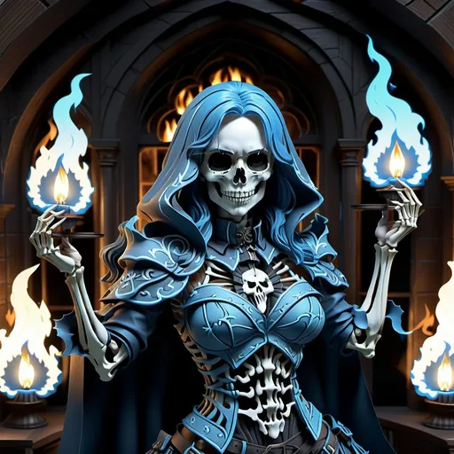 Prompt: 4k UHD anime illustration of a powerful female ghost rider skeleton form, blue flames, nordic victorian, gothic autonomy body shape, muscular slim tone, perfect abs six pack, detailed arms, legs, hands, feet, toes, fingers, intense gaze, detailed eyes, anime style, gothic, nordic, blue flames, powerful, highres, ultra-detailed, professional, atmospheric lighting