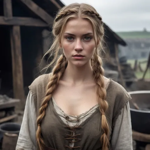 Prompt: Aftermath of a battle, a burning village.
A young and beautiful Anglo-Saxon peasant woman from the Viking era, beautiful feminine features, cleavage, standing outside a ruined rustic blacksmith's forge. Her long, golden-brown hair is loosely braided, with a few strands escaping to frame her delicate yet weathered face, stained with hints of soot. Her deep blue eyes reflect resilience and warmth. She wears a simple but well-crafted woolen dress in earthy tones, cinched at the waist with a woven belt, and a linen apron dusted with soot. A silver Thor’s hammer pendant rests on her chest, a symbol of her Norse influences.
Background: a burning village and forge, wooden beams, and iron tools, with a soft sunset casting golden hues over the scene. The wind lightly lifts the hem of her dress, hinting at movement. The atmosphere is rich with texture, from the rough-hewn wood to the smudges of ash on her hands, embodying the rugged horror of medieval battle aftermath