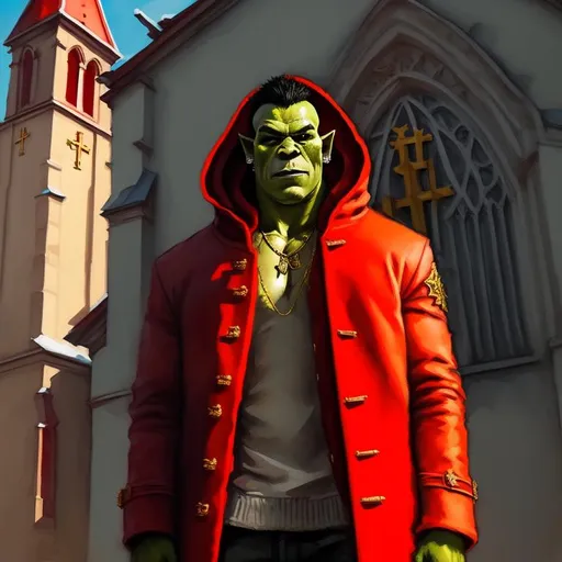 Prompt: Full body {a pretest orc adorned in a red coat} (((in front of a church))) (green orc wearing gold jewelry)