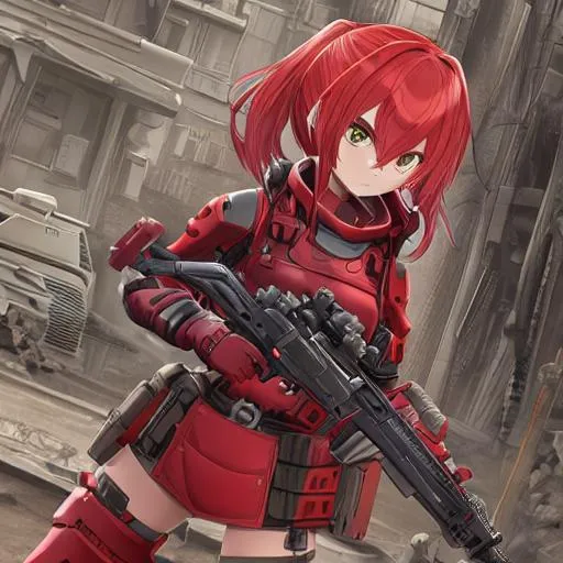 Prompt: Cute anime babe, red armour, gun, post apocalyptic, determined expression, manga