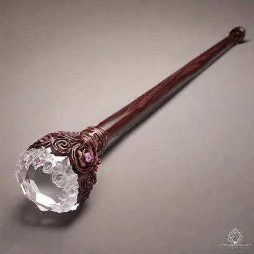 Prompt: rosewood wand with large crystal rose on the handle, beautifully intricate detail, concept art, epic lighting, finely-tuned, octane rendering