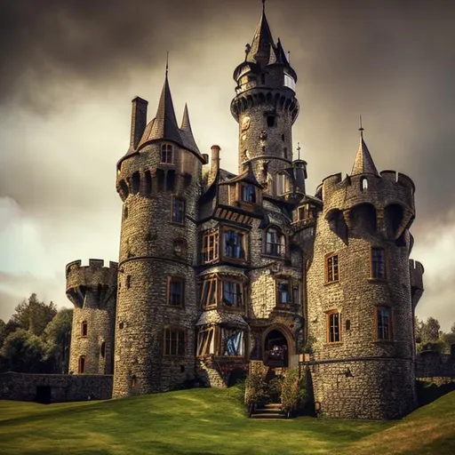 Prompt: a mediaeval castle mixed with a steam punk style 