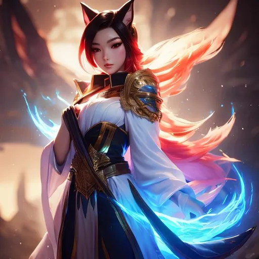Prompt: upper torso portrait of league of legend's Ahri wearing fantasy robe, fox like, soft lighting, perfect composition, cinematic, video game trailer, dramatic, detailed painting, 8k, octane render, by makoto shinkai, stanley artgerm lau, wlop, rossdraws, concept art, digital painting, looking into camera,