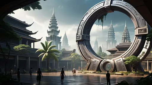 Prompt: magical portal between cities realms worlds kingdoms, circular portal, ring standing on edge, upright ring, freestanding ring, hieroglyphs on ring, complete ring, ancient cambodian architecture, gardens, hotels, office buildings, shopping malls, large wide-open city plaza, turned sideways view, futuristic cyberpunk tech-noir setting