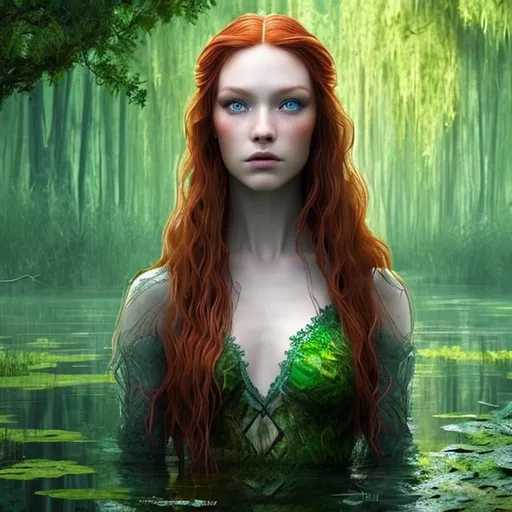 Prompt: Lady of the lake with red hair and green eyes. hiperrealistic and ultradetailed hd.
Main color are green and blue.
She is in the middle of the swamp and the environmet is composed by trees and shadows