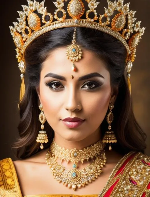 Prompt: full length portrait of a gorgeous woman wearing a crown, tigress spirit, detailed face, 4k, vivid, centered, highly detailed, 