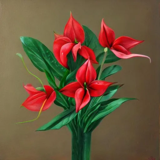 Prompt: a delicate bouquet of red anthuriums, with dark green leaves in oil on canvas