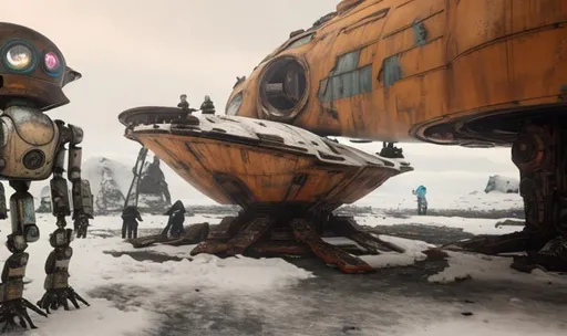 Prompt: old rusty spaceship getting repaired  by robots ice planet 