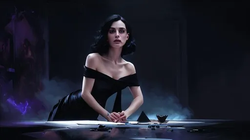 Prompt: A portrait of a woman with black shoulder length hair and purple eyes wearing a off the shoulder black dress perfect composition, hyperrealistic, super detailed, 8k, high quality, sharp focus, studio photo, intricate details, highly detailed, Expressionism art by greg rutkowski
