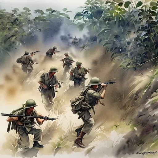 Prompt: Ambushing Enemy Patrol Philippines 1942 in Watercolor