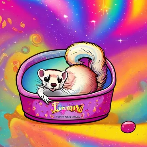 Prompt: Ferret in a bed in the style of Lisa frank