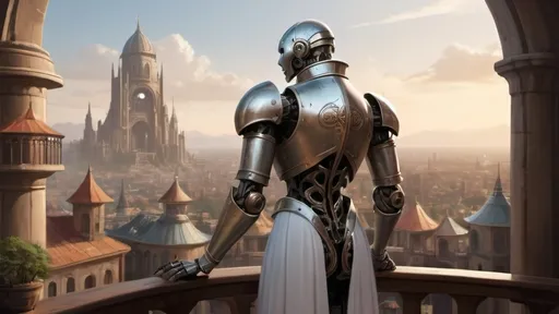 Prompt: a slender warforged automaton stands with back to camera on a large round balcony with a solid railing looking out over a fantasy city paradise during the age of arcanum 