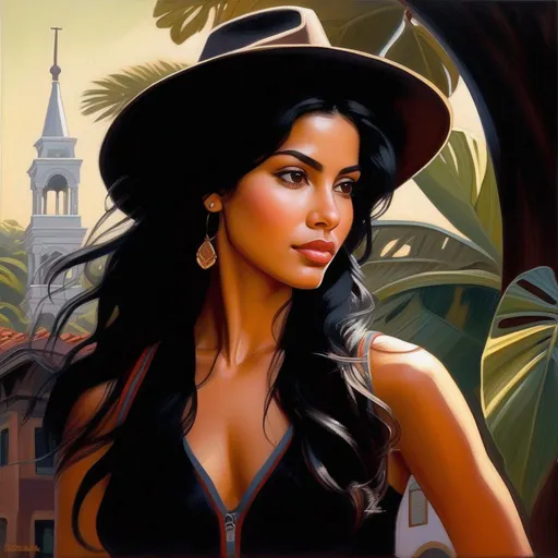 Prompt: Costa Rican woman, pale olive skin, black hair, dark brown eyes, in San Jose, cartoony, cold atmosphere, extremely detailed painting by Greg Rutkowski and by Henry Justice Ford and by Steve Henderson
